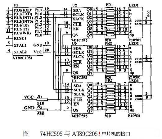 74HC595与AT89C2051单片机接口的显示电路