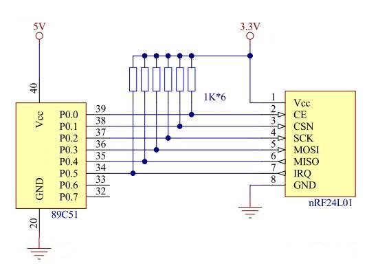 nRF24L01无线模块原理图和与5V单片机的连接