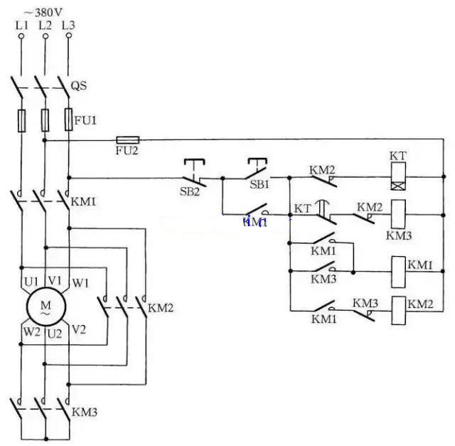 时间继电器自动转换Y-△启动电动机控制线路图