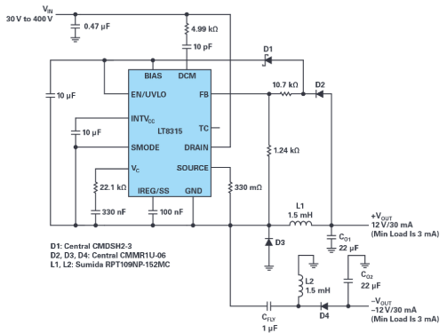 单个IC从30 V至400 V输入产生隔离或非隔离±12 V输出