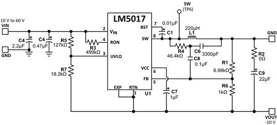 基于 LM5017 的反相升降压电路支持负电源