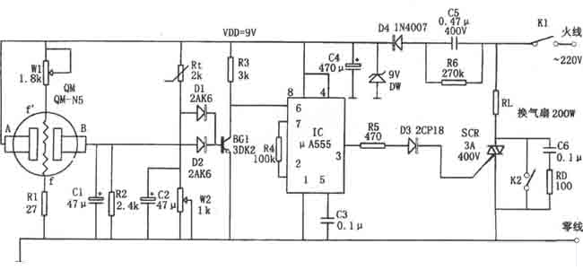 μA555构成的换气扇的自动控制电路图
