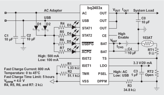 采用单芯片bq2403x动态电源路径管理充电电路设计