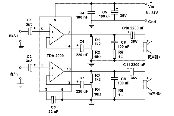 TDA2009功率放大器电路图TDA2009amplifier