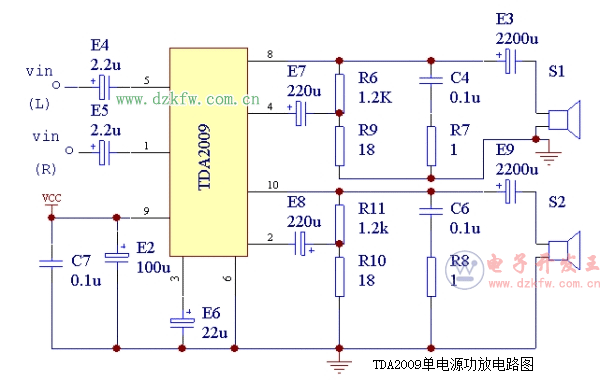 TDA2009单电源功放电路图