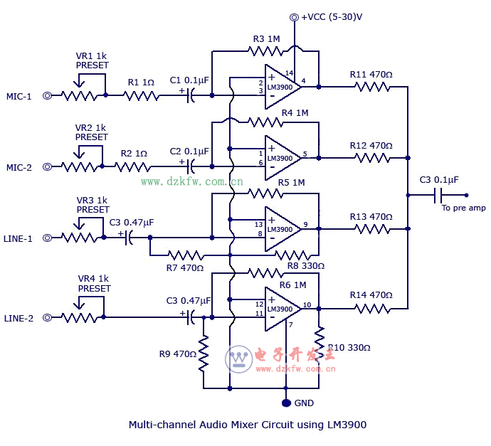 多声道音频混频器电路图，LM3900多声道音频混频器电路