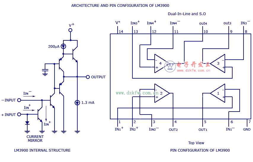 LM3900内部电路图，LM3900管脚图