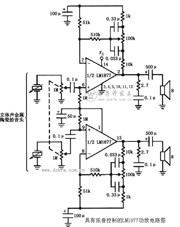 具有低音控制的LM1877功放电路图Basscontrolcircuitdiagram